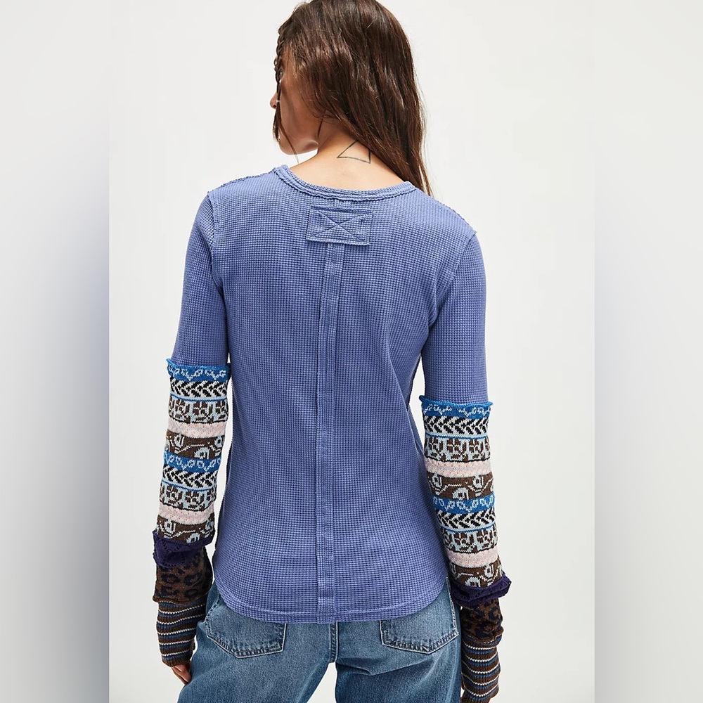 Free People Blue Waffle Knit Long Sleeve Top with Patterned Sleeves